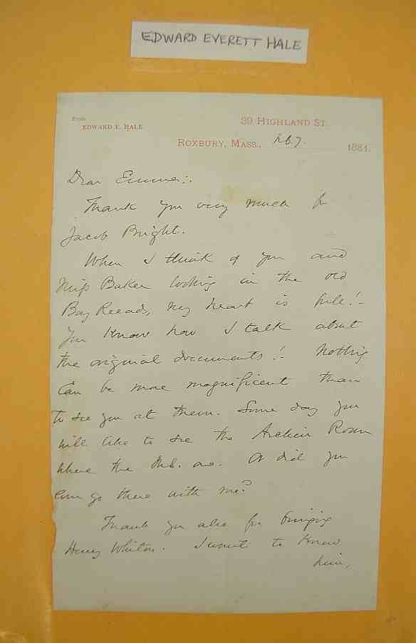 EDWARD EVERETT HALE 1881 Signed Letter: EDWARD EVERETT HALE 1881 Signed Letter, Clergyman & Author- THE MAN WITHOUT A COUNTRY.
