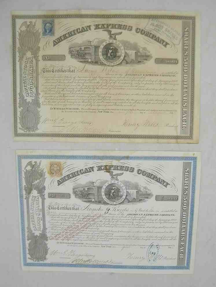 2 1860's American Express Company Stock Certificat: 2 1860's American Express Company Stock Certificates, one dated 1863 and the other 1886. Both with stamps, and condition is as pictured, with old light stains... American Express Company. 6 Shares 186