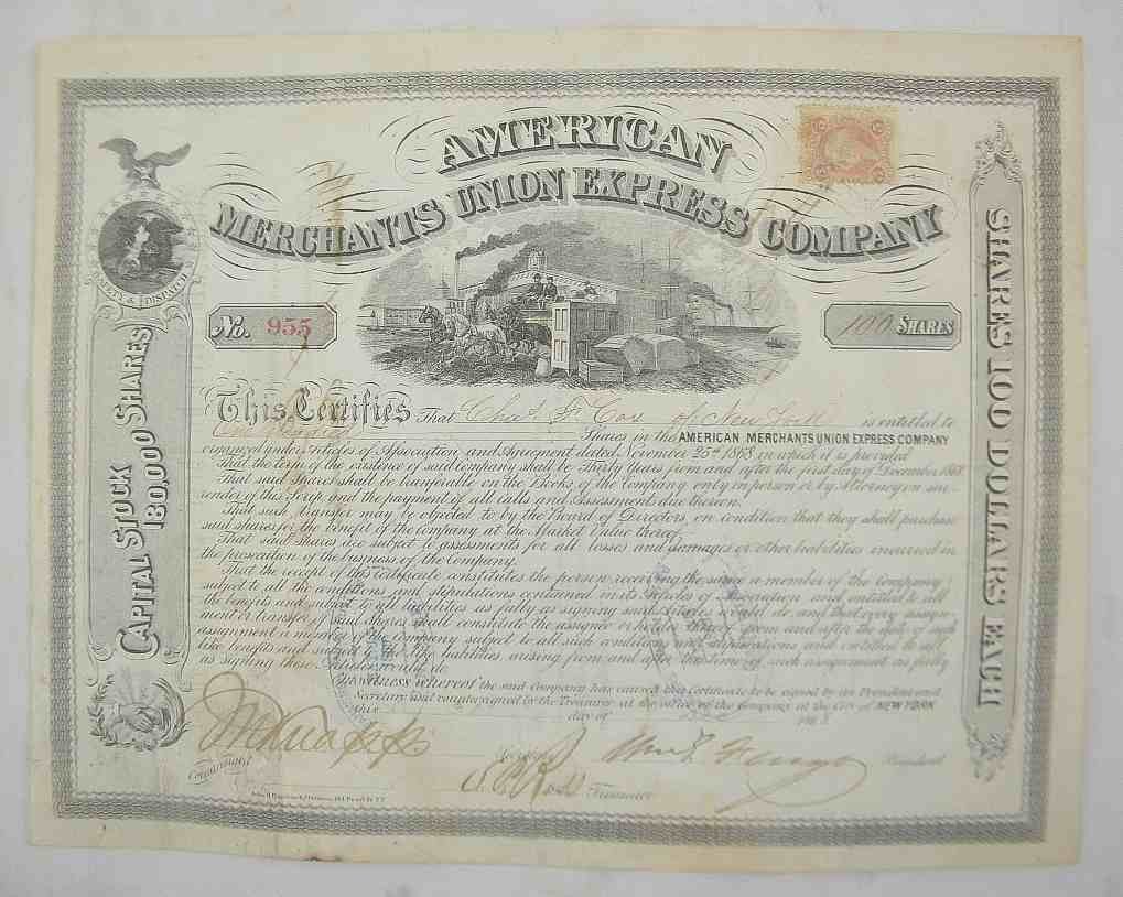 American Express Company 100 Shares 1868 Stock Cer: American Express Company. 100 Shares stock certificate.. 1868. Wm. G. Fargo now signs as president. A new vignette is also being used. Fine, CC. From The George P. Hammerly Collection