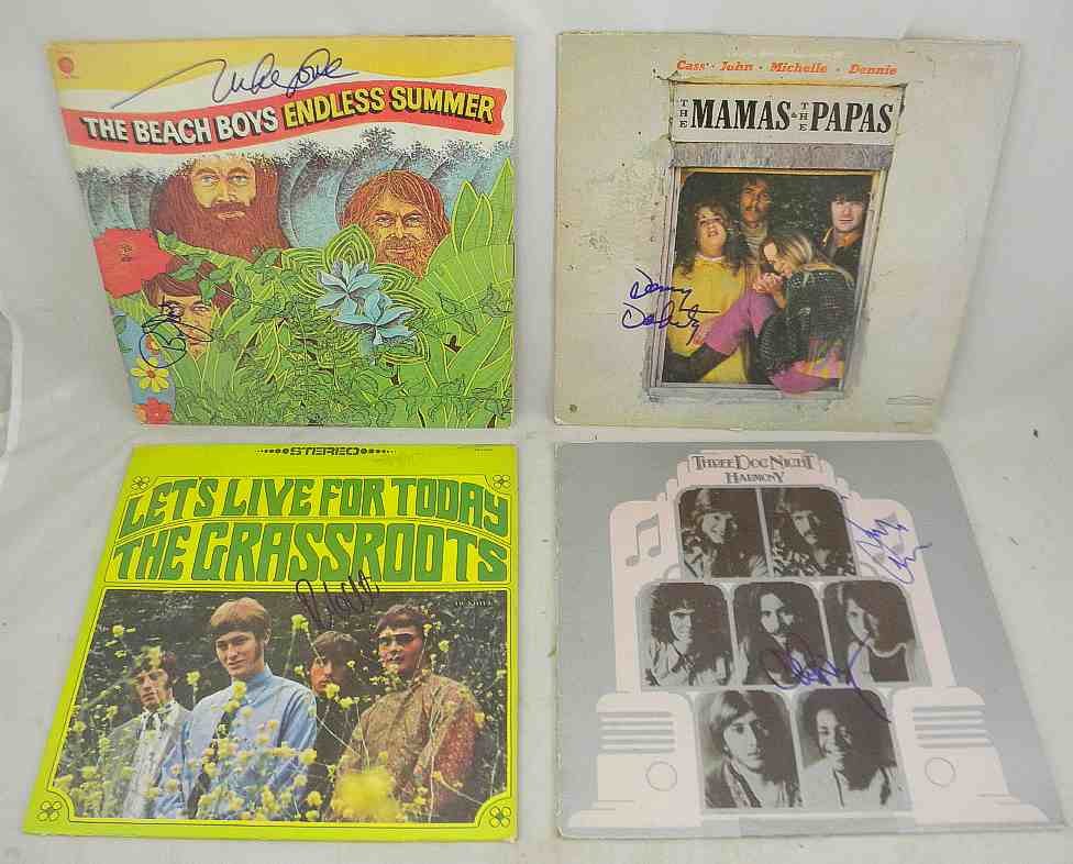 4 Rock N Roll Older Signed Record Albums Incl. Bea: 4 Rock N Roll Older Signed Record Albums Including MIKE LOVE & BRUCE JOHNSTON (BEACH BOYS), DENNY DOHERTY (MAMAS & PAPAS), CHUCK NEGRON & JIMMY GREENSPOON (3 DOG NIGHT), & ROB GRILL (THE GRASSROOTS)..