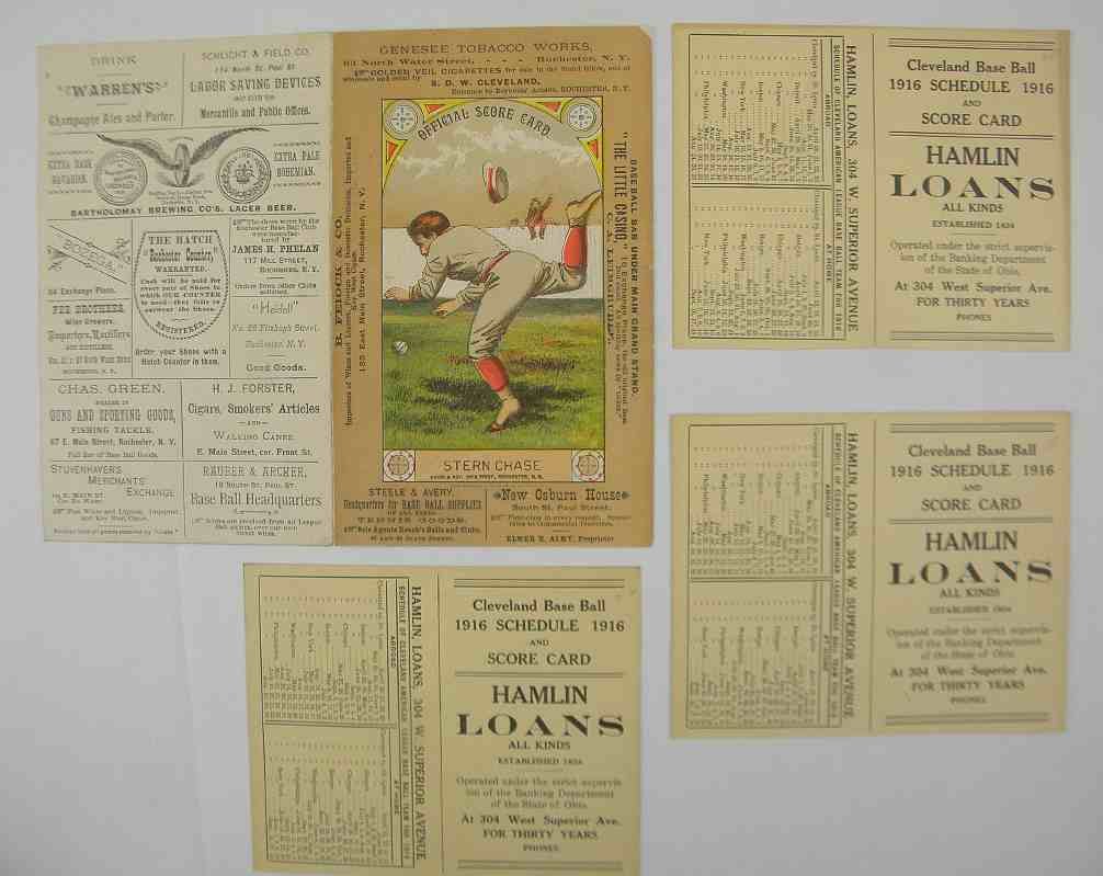 Early BASEBALL Lot 1887 Rochesters Scorecard Etc.: Early BASEBALL Lot 1887 Rochesters vs. Hamiltons Scorecard, and 3 1916 Cleveland Base Ball Team scrorecards, great graphice on the 1887 card, all sides pictured.