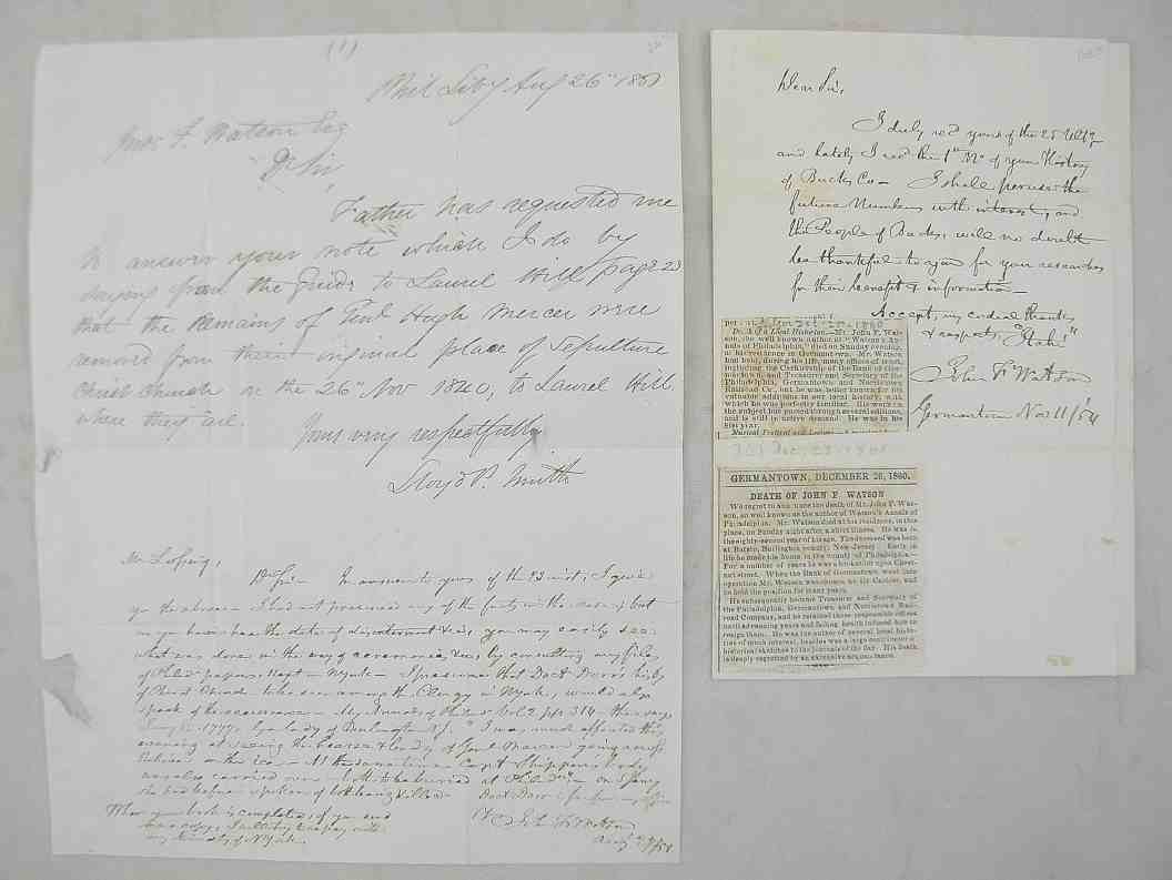 2 MANUSCRIPTS From Author John F Watson 1850's: 2 MANUSCRIPTS From Author John F Watson 1850's, From the Pennsylvania estate collection. Description of letters attached to lot.