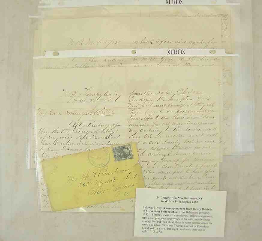 14 Letters From New Baltimore NY to Wife In Phil.: 14 Letters From New Baltimore NY to Wife In Phil. 1882, From Henry Baldwin, with mention of the sinking of the STEAMER THOMAS CORNELL OF RONDOUT"............