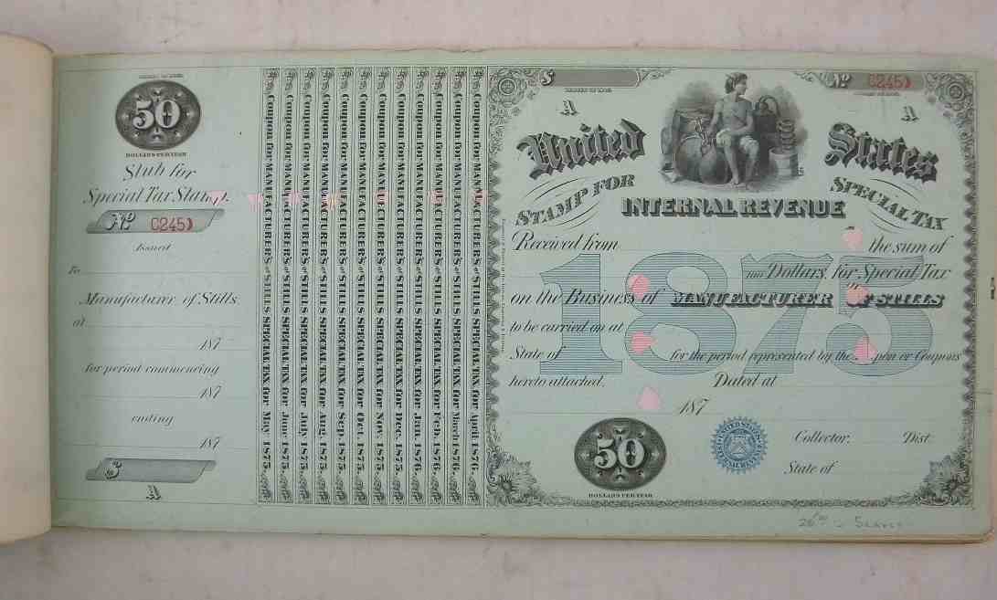 Album Internal Revenue Tax Stamp Cert. For STILLS: Album Internal Revenue Tax Stamp Certificates for Manufacturer of Stills, and for Worms...He had them priced each from $25 to $75....1870's and 1880's...Album has 38 pages...25 for Stills and 13 for W