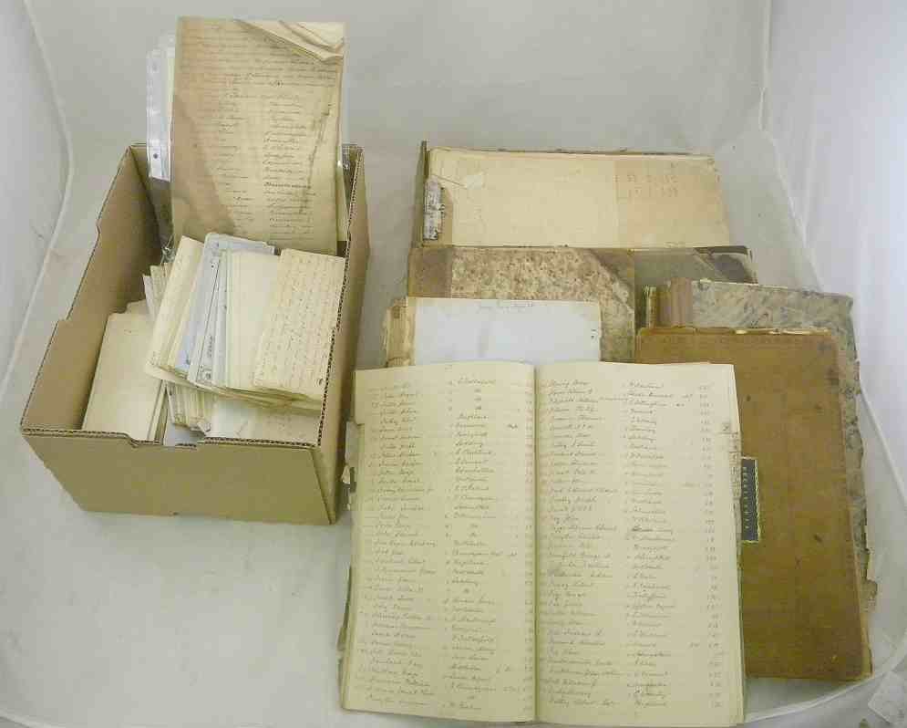 Lot of MUTUAL INSURANCE CO. 19thC Ledgers & Docume: Lot of MUTUAL INSURANCE CO. 19thC Ledgers & Documents, and manuscripts. Loaded, with receipts, notes of minutes at meetings and related material. 2 boxes full, from 1820's and up....good lot to sort o