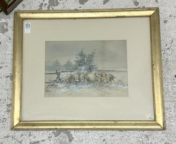 R. Hills Bemish (19/20th century) watercolor Winter landscape with flock of sheep and Herder, signed (1 of 5)