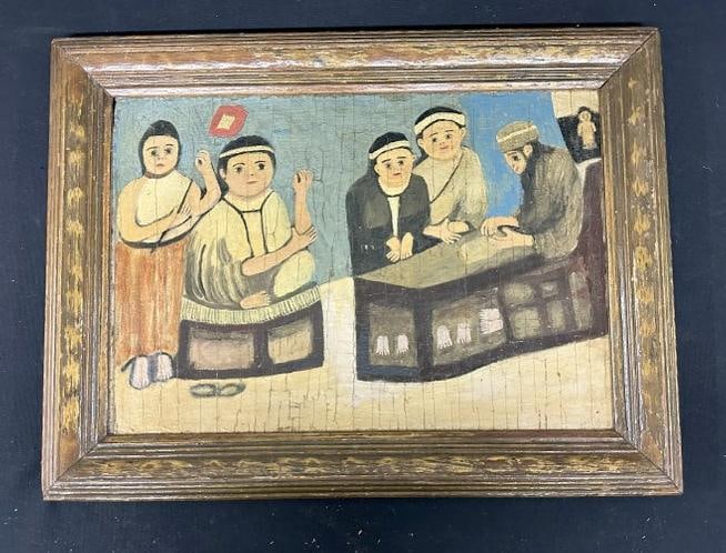 Folk Art o/b with figures, one holding flag, man on right is making something on a table, unsigned, (1 of 3)