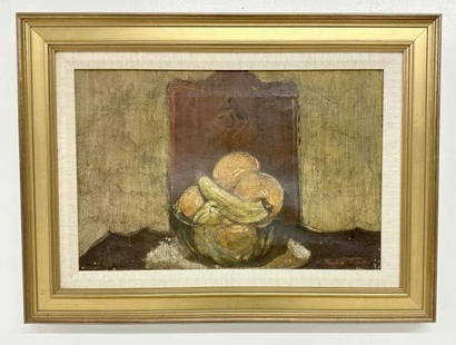 Early o/c impressionist fruit still life, signed illegibly and dated illegibly, ( looks like Raphael: Early o/c impressionist fruit still life, signed illegibly and dated illegibly, ( looks like Raphael T?????), in contemporary frame. ( canvas needs to be re-stretched ), painting measures 12" x 18", t