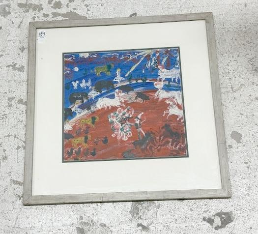 Impressionist gouache of Circus with clown, women performers and animals, signed illegibly ( looks (1 of 4)