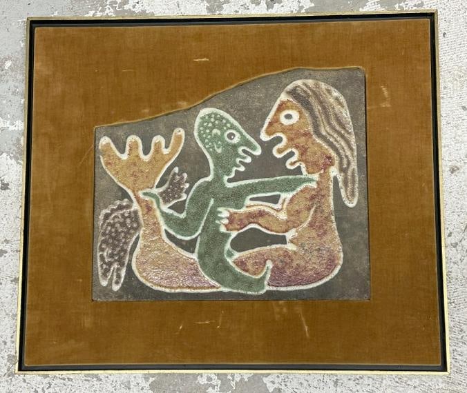 Mid Century ceramic on stone (?) with figures, in a frame with felt like covering around it. Quite: Mid Century ceramic on stone (?) with figures, in a frame with felt like covering around it. Quite heavy, which is why I thought it may be on stone possibly?.unsigned, nice condition. The center with