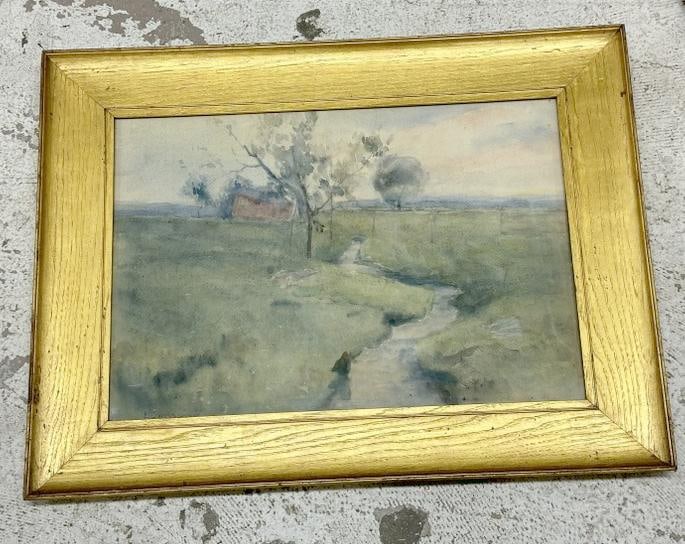 Emma Barrett Carlsund (1861 - 1956) impressionist watercolor landscape, signed lower right, in gold (1 of 3)