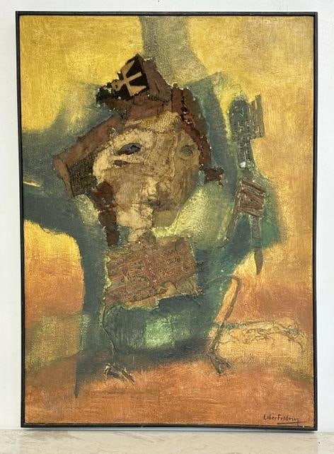 Liber Fridman (1910 - 2003) impressionist mixed media o/c abstract portrait of man holding object in (1 of 5)