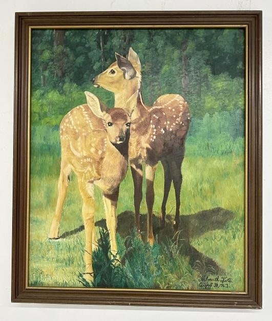 Helmuth Korte o/b landscape with (2) deer, signed lower right, dated 1963, as pictured. Nice estate (1 of 4)