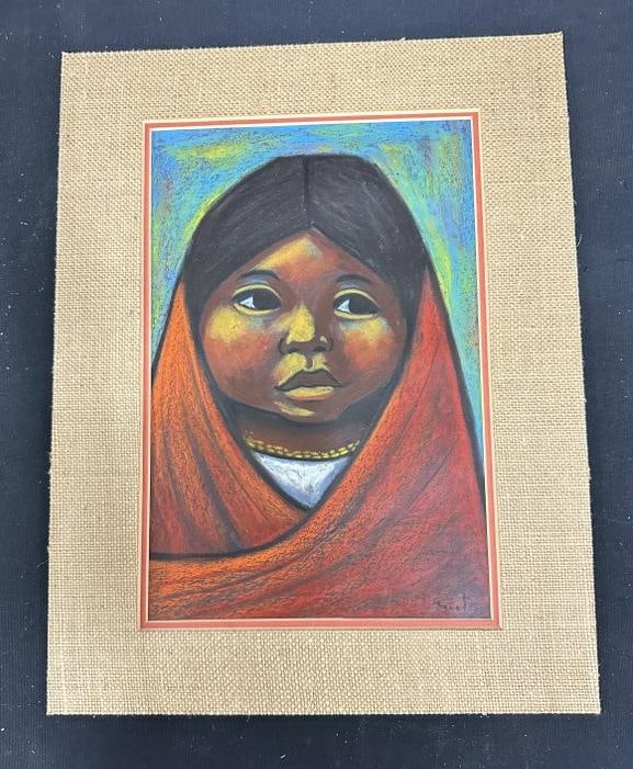 Crayon drawing of young Indian girl, signed ( Mieto ? ), nicely framed and matted, drawing measures (1 of 4)