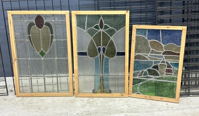 (3) decorative stained leaded glass windows, (2) frames measure 33" x 21" & the scenic window frame (1 of 2)