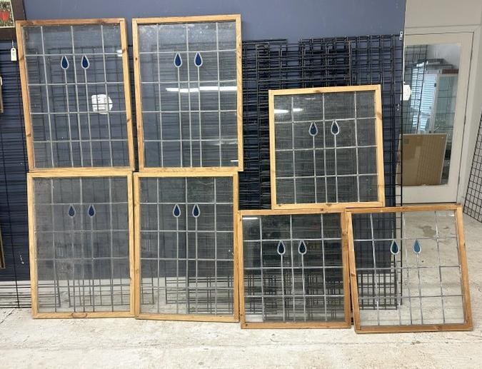 (7) leaded glass Arts & Crafts style windows ( 1) window has one cracked clear panel of glass. I: (7) leaded glass Arts & Crafts style windows ( 1) window has one cracked clear panel of glass. I think the windows may be older than the frames, maybe taken out of a building and put in made frames, t