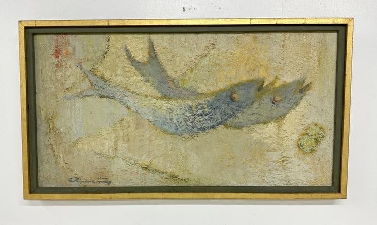 Mid Century impressionist o/c of (2) fish, signed illegibly and dated 1962. In nice estate (1 of 4)