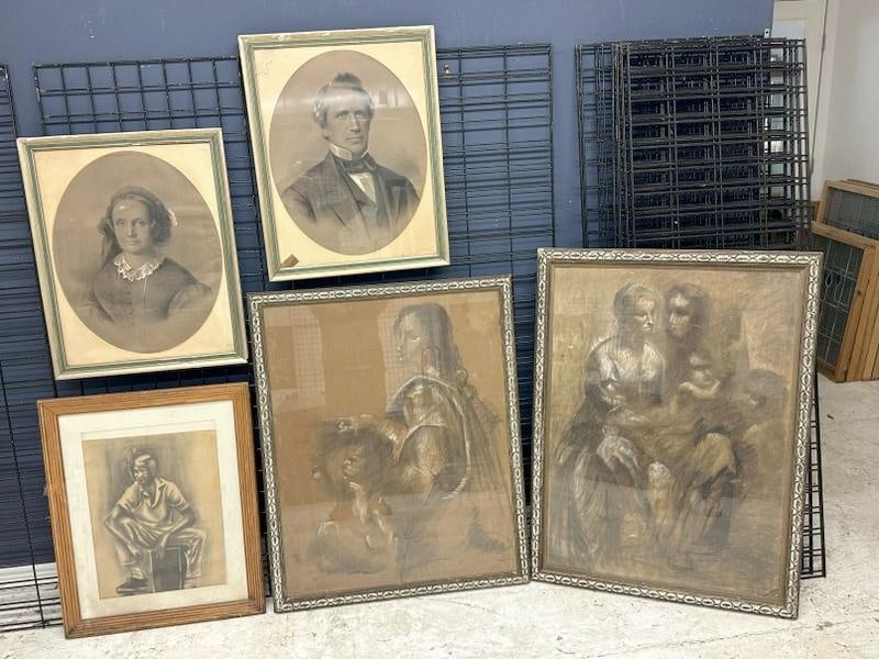 (5) estate pastel drawings, in overall nice condition, to show scale the largest frame measures 46": (5) estate pastel drawings, in overall nice condition, to show scale the largest frame measures 46" x 35", ( one has cracked glass on bottom right ), good lot for dealers to sort out....From the Hudso