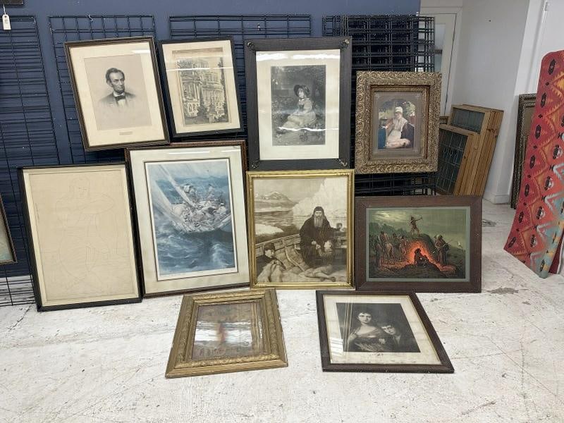 (10 ) older prints from estate collection, one with sailboats signed, great lot for dealer to sort: (10 ) older prints from estate collection, one with sailboats signed, great lot for dealer to sort out, to show scale the largest frame measures 42" x 32". From the Hudson, New York estate of well kno