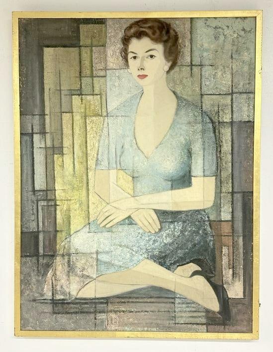 Wonderful circa 1950's portrait of a Woman with geometric shapes behind her, unsigned, overall nice (1 of 3)
