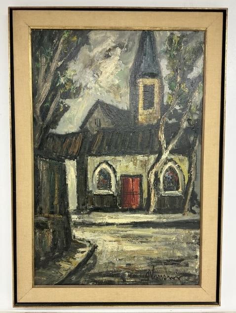 Georges Vasseur (Born 1911)  circa 1950's impressionist o/c street scene with church. Painting (1 of 4)