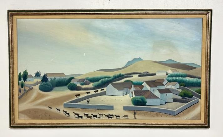 Rosemary Strachey (20th century) o/b Southwestern landscape with man and  goats, other animals in (1 of 3)