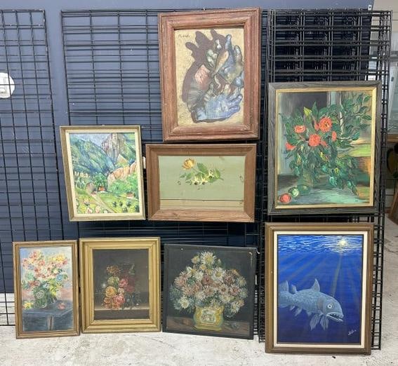 Estate lot (8) paintings includes (7) oils and (1) pastel still life, some signed, some with some: Estate lot (8) paintings includes (7) oils and (1) pastel still life, some signed, some with some little tears, some not?.good lot for a dealer to sort out. Largest frame measures 29" x 23" to show sc