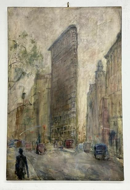 Circa 1940's or 50's impressionist o/c NYC street scene with Flat Iron Building, unsigned, painting (1 of 3)