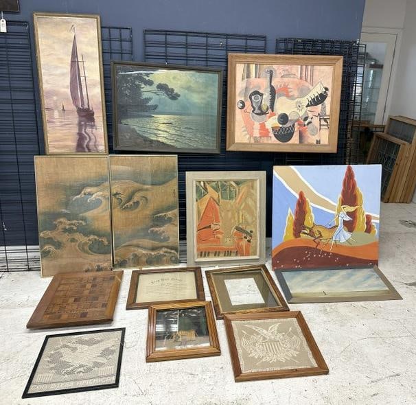 (14) misc. prints, frames, paintings, embroideries, etc. from estate, great lot for dealer to sort (1 of 12)