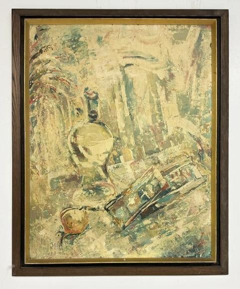 Wonderful Mid Century o/c impressionist still lfe with bottle and orange, unsigned, in period Mid (1 of 3)