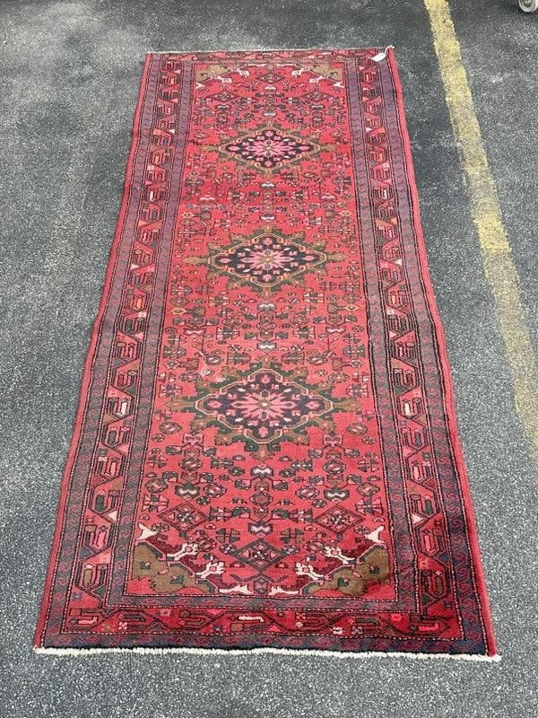 Estate vibrant handmade oriental wool rug, measures 119" x 49.5", has (2) small spots that look like (1 of 5)