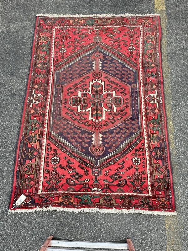Wool estate handmade oriental carpet, vibrant color, (has a small worn spot where a table leg was ), (1 of 4)