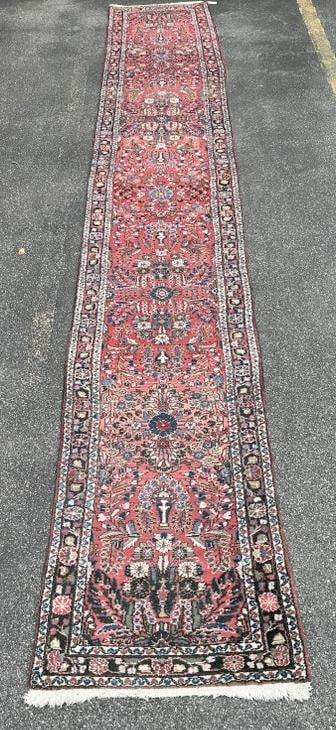 Estate handmade oriental wool runner, nice overall estate condition, measures 217" x 33".  Estate (1 of 4)