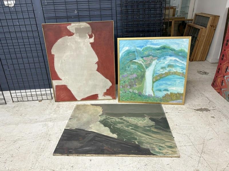 (4) large o/c paintings from estate, largest seascape has tears, abstract white figure has some (1 of 6)