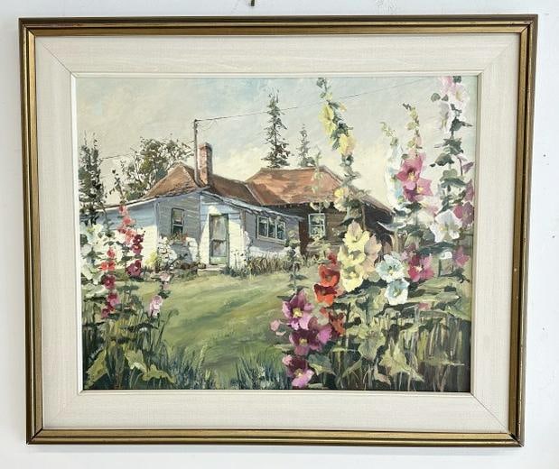 Anne Nicholls wonderful o/b impressionist landscape with old house and flowers in foreground, titled (1 of 4)