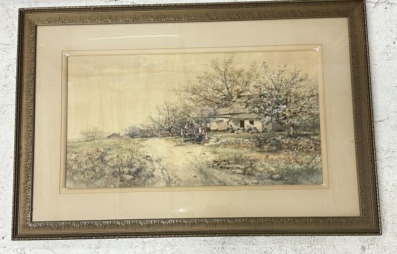 Frank F. English (1854 - 1922) wonderful w/c landscape with black family talking to men in horse (1 of 5)