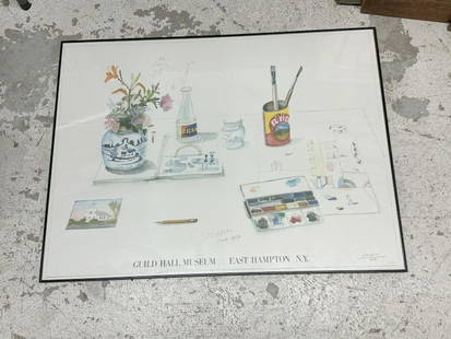 Saul Steinberg (1914 - 1999) signed poster GUILD HALL MUSEUM EAST HAMPTON, N.Y. pencil signed, dated: Saul Steinberg (1914 - 1999) signed poster GUILD HALL MUSEUM EAST HAMPTON, N.Y. pencil signed, dated March 1987, from Woodstock, N.Y. estate, fine condition, in black metal frame. Poster measures 30"