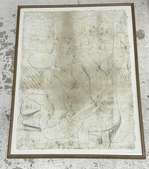 Dimitri Petrov (1919 - 1986)  pencil and pastel drawing of figures, dated 1982, nice oak frame, (1 of 3)