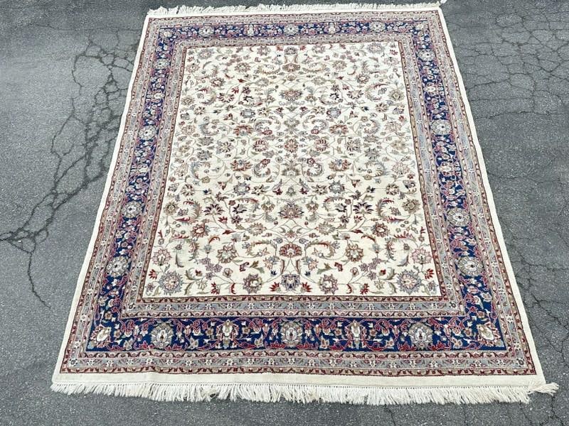 Estate handmade oriental wool rug, cream center background, overall nice condition. Measures 116.5" (1 of 3)