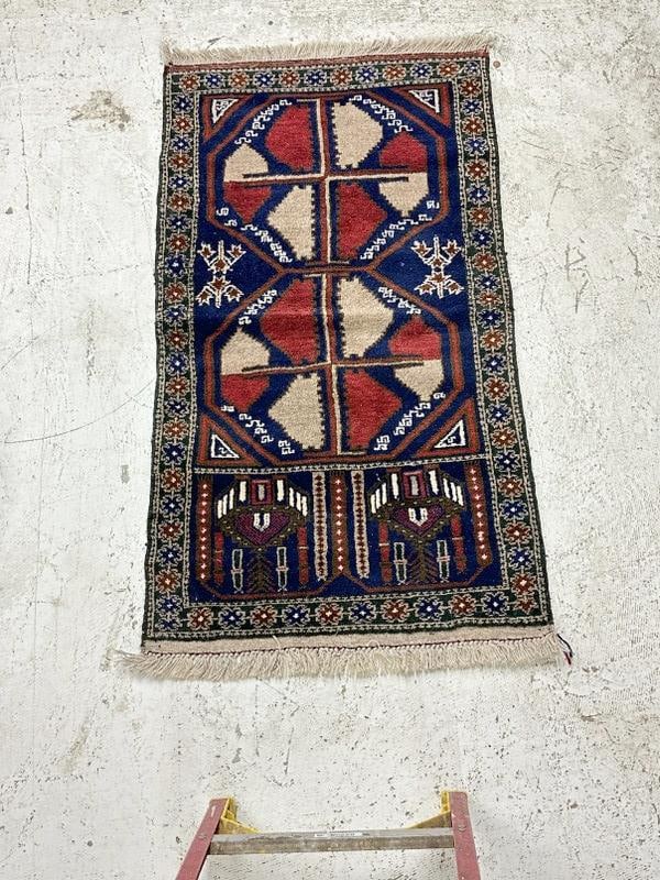 Handmade wool oriental scatter rug, nice and clean, nice design, measures 58" x 32". (1 of 3)