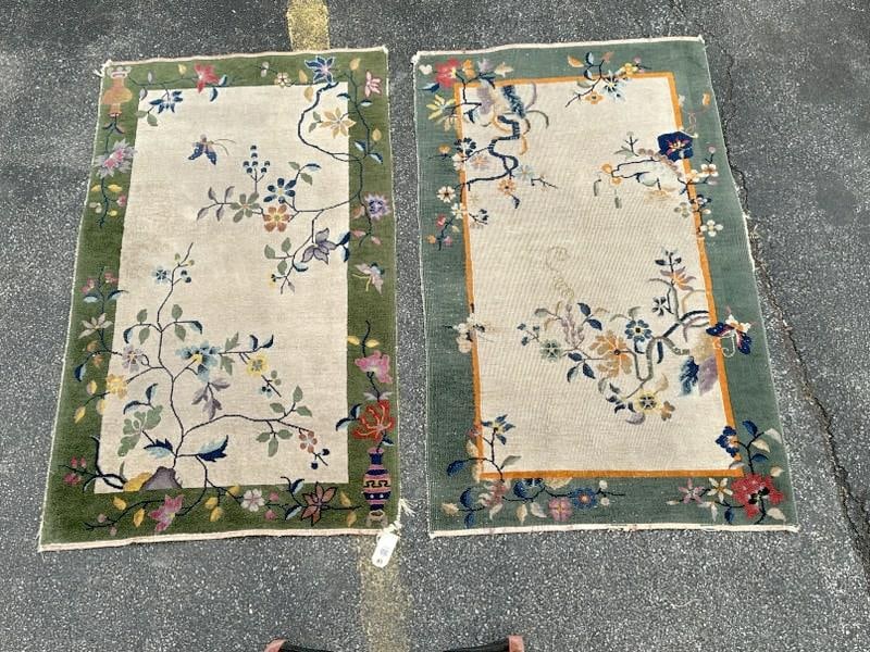 (2) Chinese handmade oriental scatter rugs from local estate, they measure 59" x 35" and 59" x 35". (1 of 4)