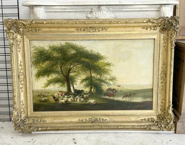 Large 19th c landscape with sheep and cows around large trees, in very fancy fold frame of the (1 of 4)
