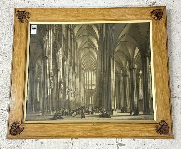 Wonderful carved oak corners frame, with 19th c print inside a Cathedral or Church, ( a few small (1 of 3)