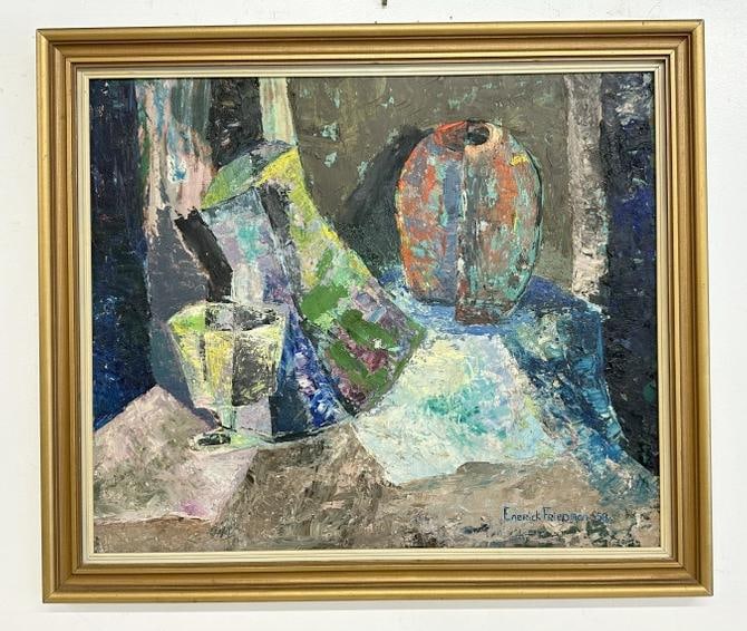 Impressionist Mid Century o/b still life, signed ( EMERICK FRIEDMAN ), dated 1958. Has some paint (1 of 3)