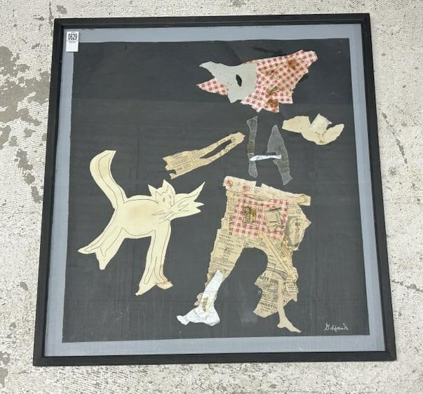 Dan Gelfand Mixed Media with cat and figure, signed lower right, in black thin wood frame, fine (1 of 3)