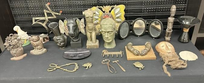 Misc. Woodstock estate goods including doorstops, (2) terra cotta sculptures, tin painted masks, (1 of 13)