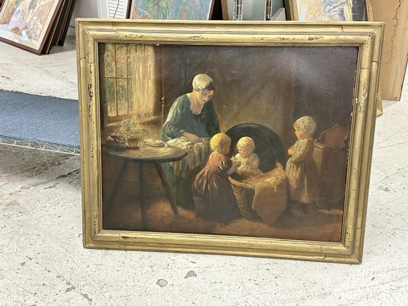 Circa 1910 o/b Mother inside with three small children, signed lower right ( possibly Pat Rust ? ),: Circa 1910 o/b Mother inside with three small children, signed lower right ( possibly Pat Rust ? ), in frame of the period. Painting measures 22" x 28", the frame measures 27" x 31", nice overall esta