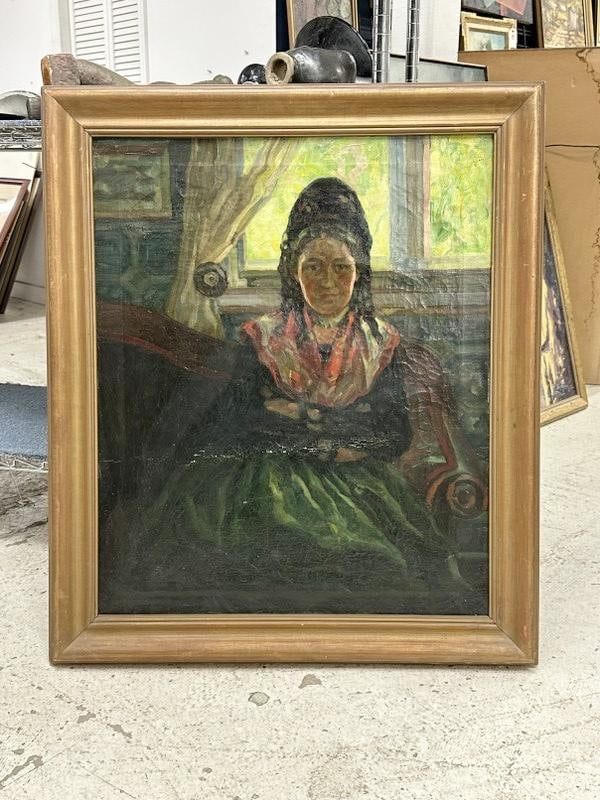Circa 1900 impressionist o/c portrait of a Woman, with bonnet, seated inside on chair, unsigned, has (1 of 3)