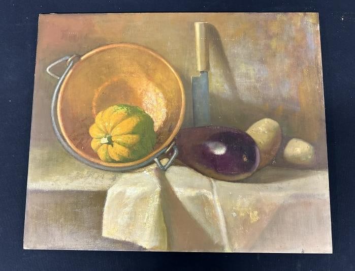 Contemporary o/wood panel vegetable still life, unsigned, well executed, painting measures 18" x (1 of 2)