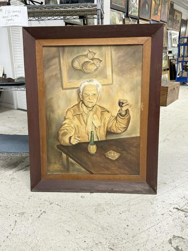 Large o/c portrait of older Gentleman holding a glass of wine, with picture of two cats behind him,: Large o/c portrait of older Gentleman holding a glass of wine, with picture of two cats behind him, unsigned, painting measures 40" x 30", the frame measures 49" x 40". Nice estate condition. From the
